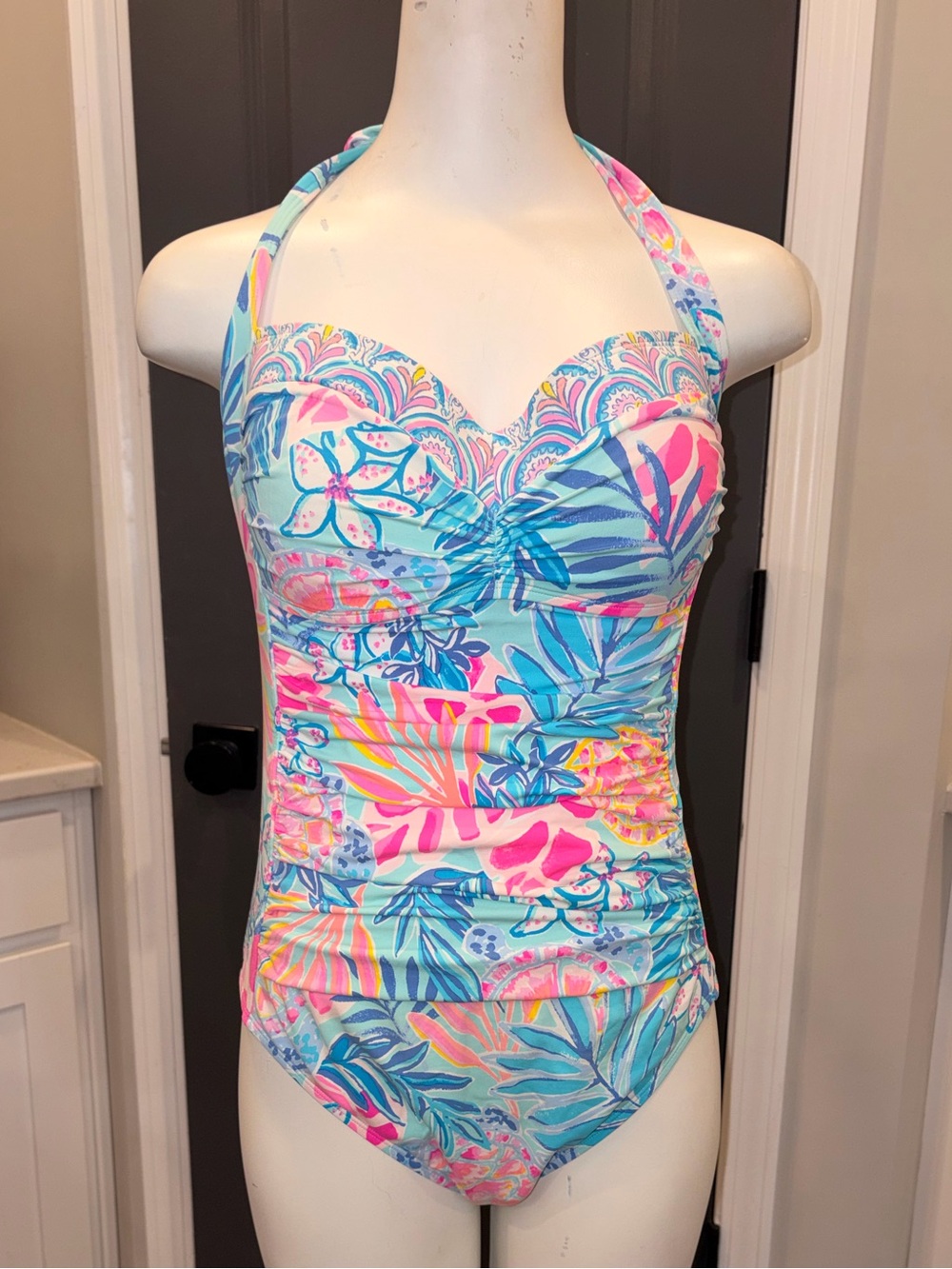 Lilly Pulitzer Kolka One Piece Slimming Ruched Halter Swimsuit- size 12